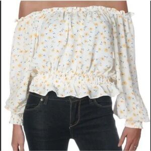 Helen Owen x AQUA Floral Smocked Crop Blouse Yellow White Size S